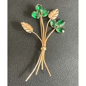 CORO Sterling Floral Brooch Rose Gold Tone Green Rhinestone Pin Delicate Vintage